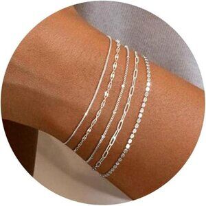 5-Piece Silver Chain Bracelet Set  Dainty Layered Adjustable Bracelets for Women